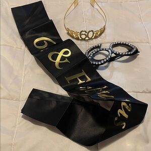 60th Birthday Elegant Black Gold Rhinestone Sash Tiara Eyeglasses Milestone EUC